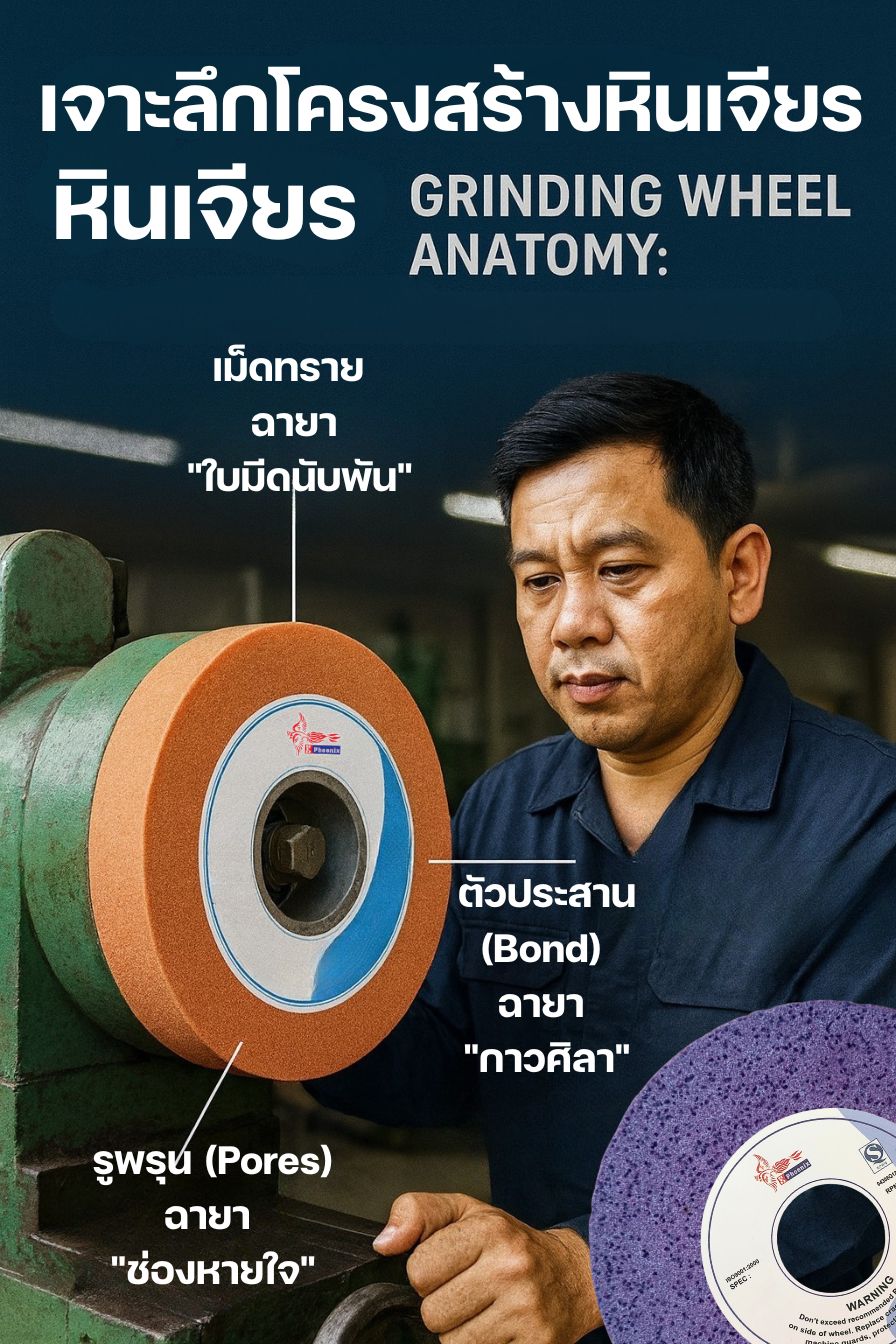 เจาะลึกโครงสร้างหินเจียร (Grinding Wheel Anatomy): ความลับที่กำหนดว่างานจะ "เนียน" หรือ "ไหม้"